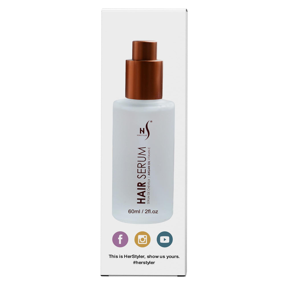 Herstyler Argan Oil Serum styled model's glossy, smooth tresses.