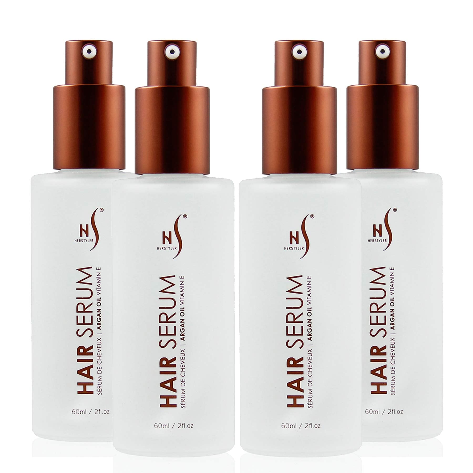 HerStyler Serum 4 Pack bottle closeup with frizz control for smooth, shiny hair.