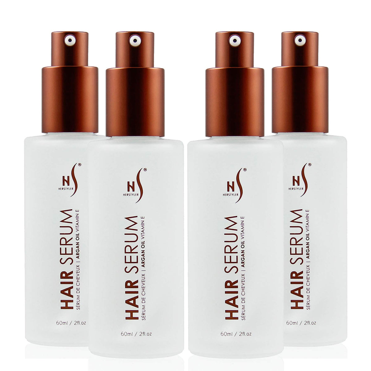 HerStyler Serum 4 Pack bottle closeup with frizz control for smooth, shiny hair.