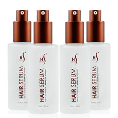 HerStyler Serum 4 Pack bottle closeup with frizz control for smooth, shiny hair.