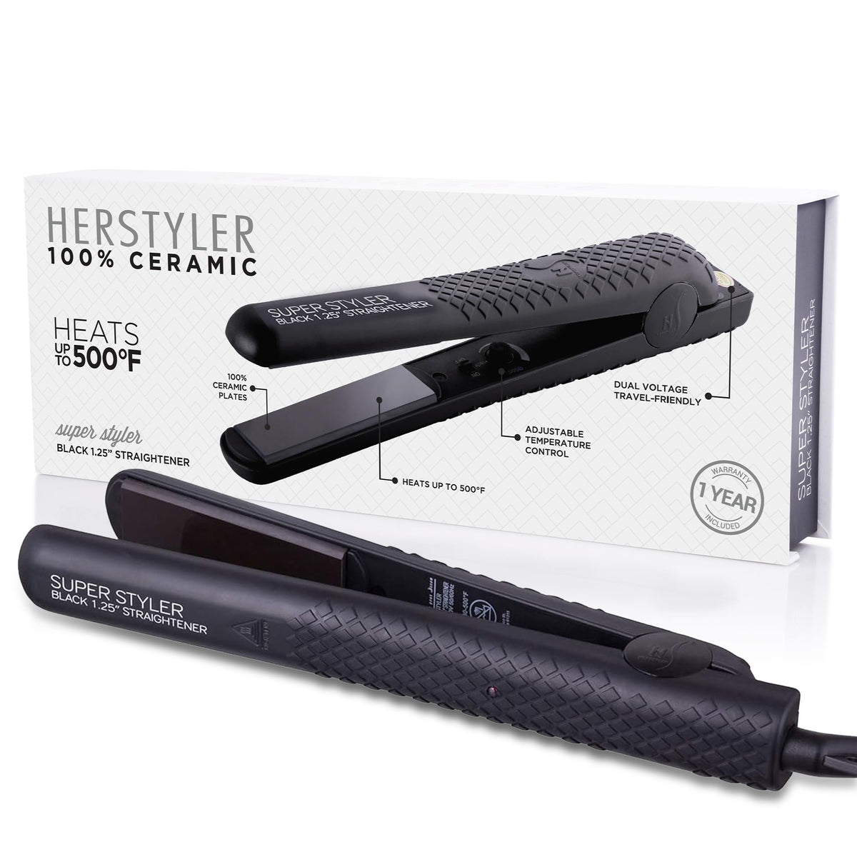 Herstyler Superstyler Onyx Ceramic Flat Iron with ceramic plates for smooth, frizz-free styling.