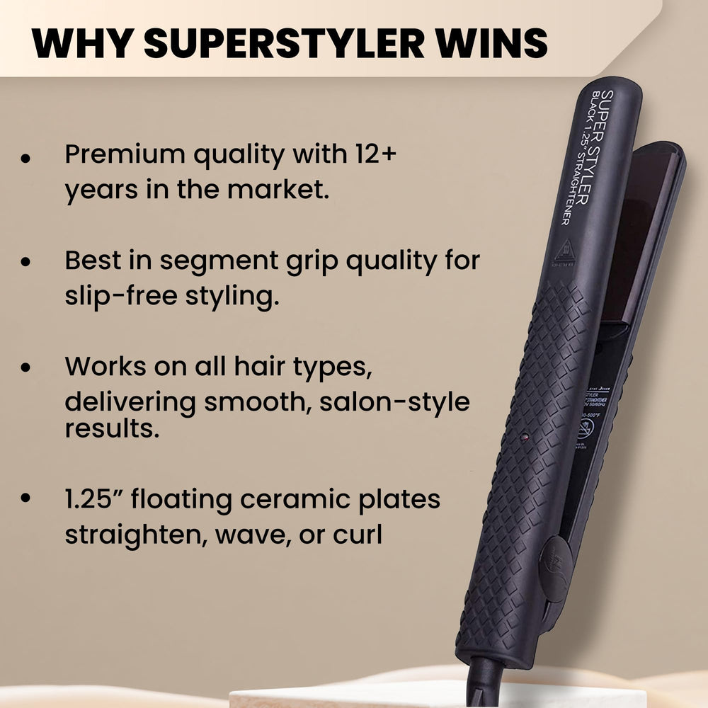 Herstyler Superstyler Onyx Ceramic Flat Iron glides on 1.25-inch plates for quick styling.