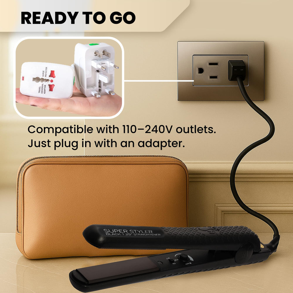 Herstyler Superstyler Onyx Ceramic Flat Iron has a travel-friendly, compact design for portability.