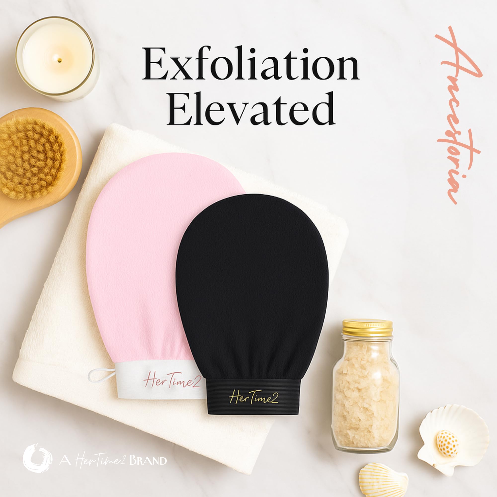 HerTime2 Ancestoria black exfoliating glove shows secure fit for smooth skin routine