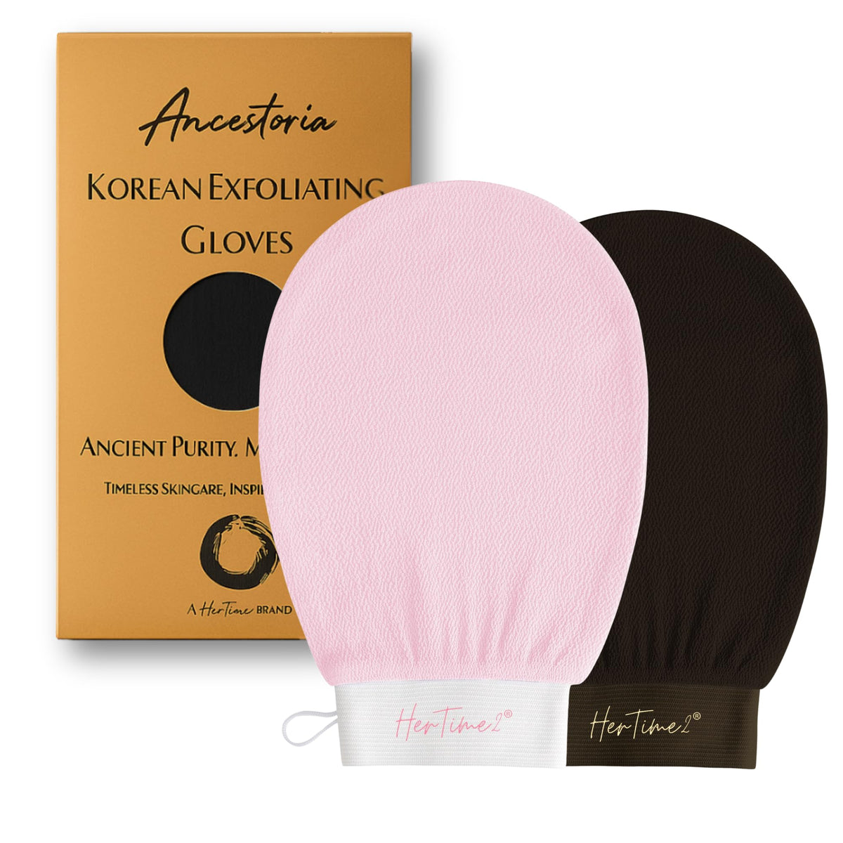 HerTime2 Ancestoria pink exfoliating glove with textured surface for deep shower exfoliation