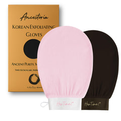 HerTime2 Ancestoria pink exfoliating glove with textured surface for deep shower exfoliation