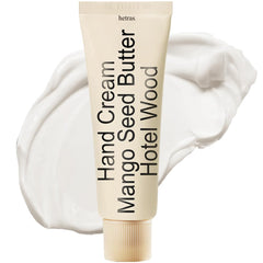 Hetras Perfume Hand Cream Hotel Wood bottle closeup highlighting long-lasting fragrance.