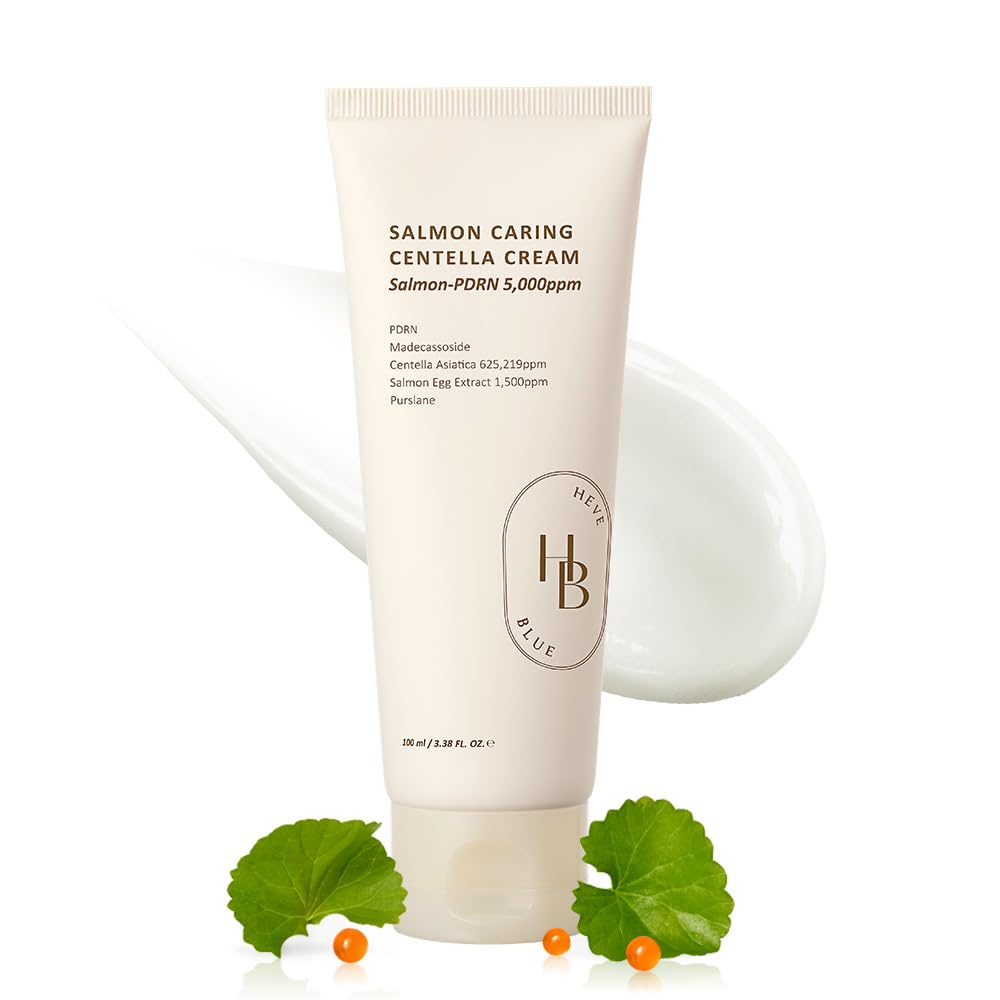 HEVEBLUE Salmon Caring Centella Cream bottle with rich hydration emphasis