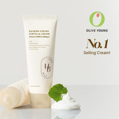 HEVEBLUE packaging for Salmon Caring Centella Cream signaling premium skincare