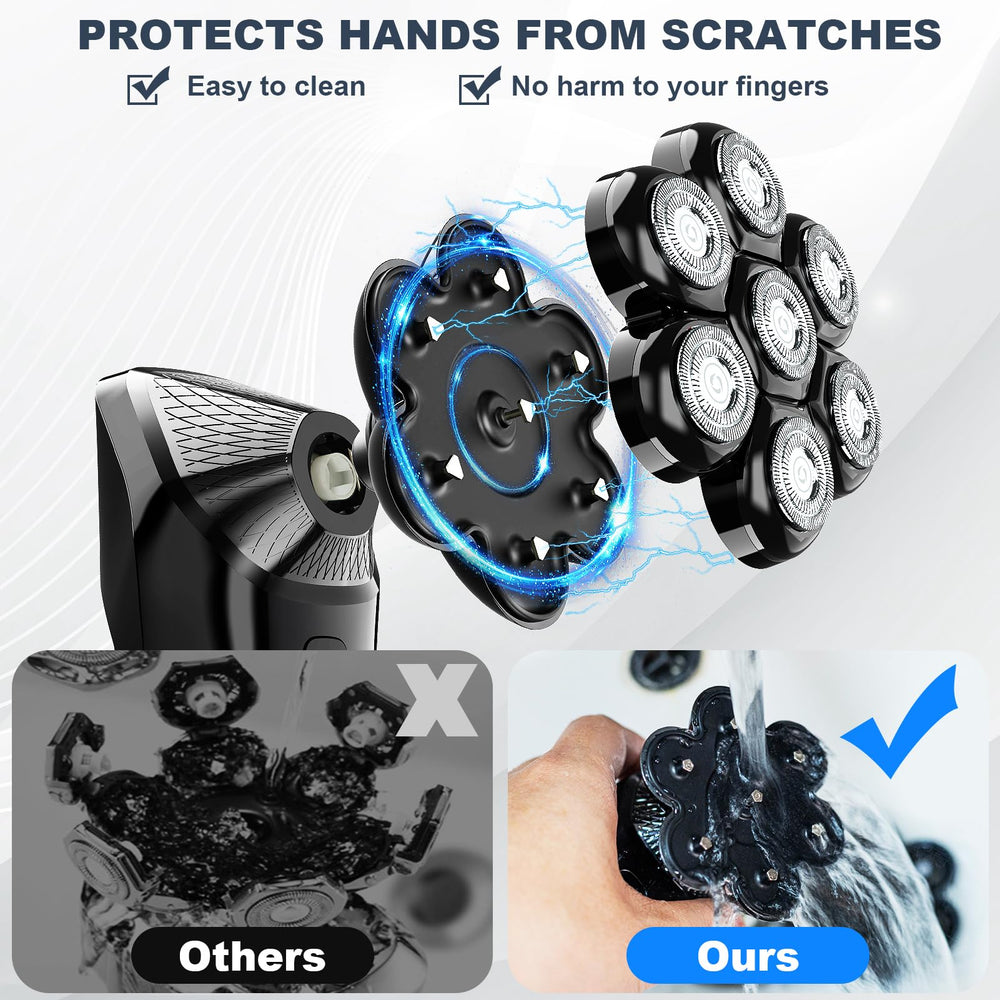 Hexus head shaver dual blade and mesh protect skin during shaving.