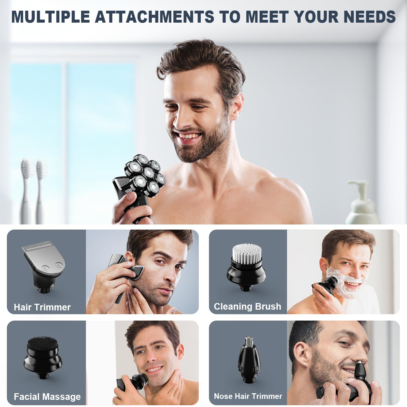 Hexus head shaver IPX7 waterproof for wet or dry shaving in shower.