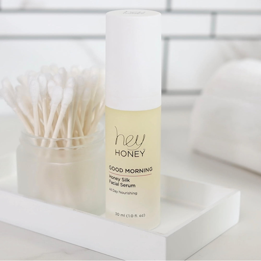 Hey Honey Good Morning Honey serum drop application highlighting quick absorption for smooth makeup prep.