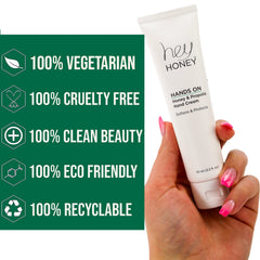 Hey Honey hand cream being applied to dry hands for instant comfort