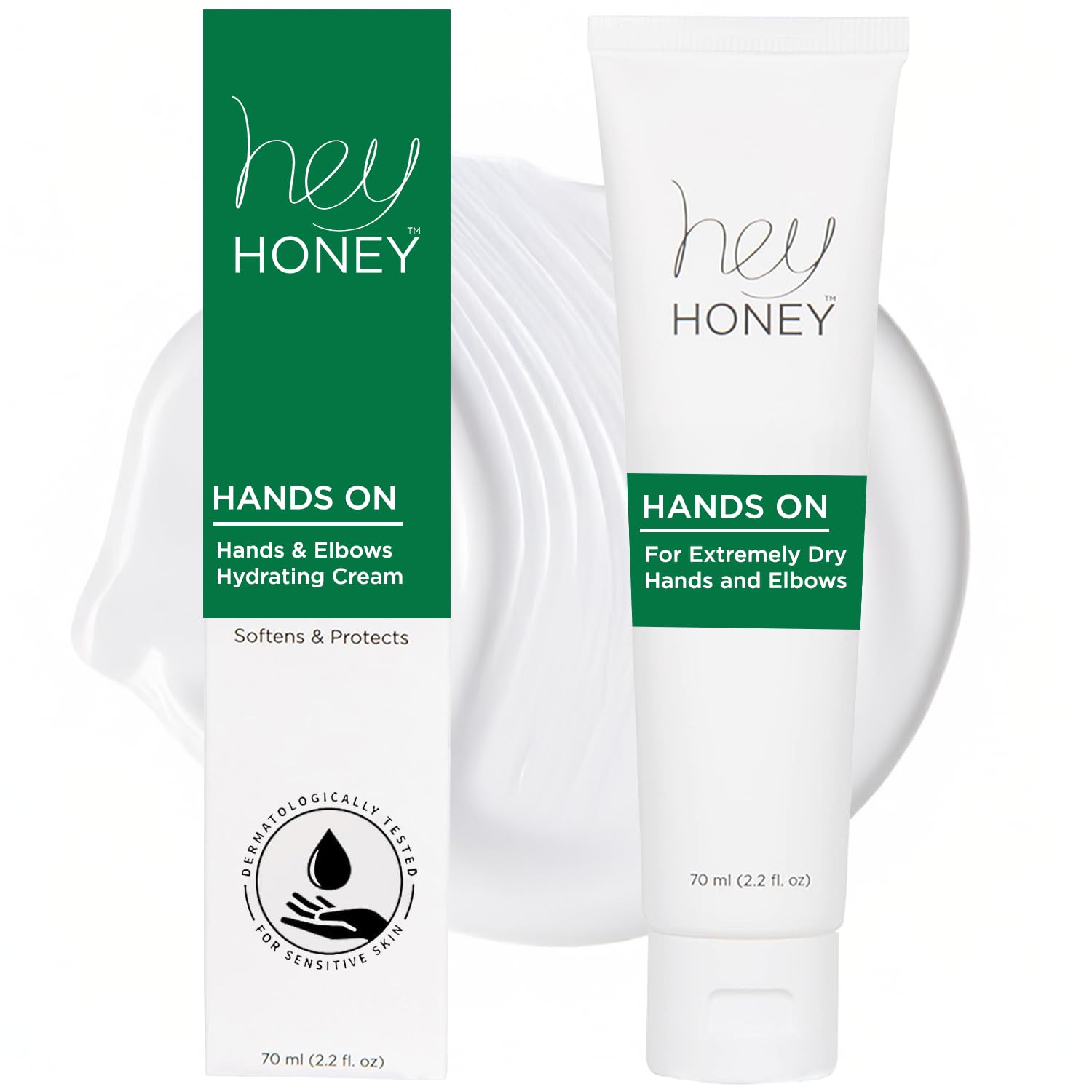 Hey Honey hand cream tube close-up showing rich hydration for dry hands