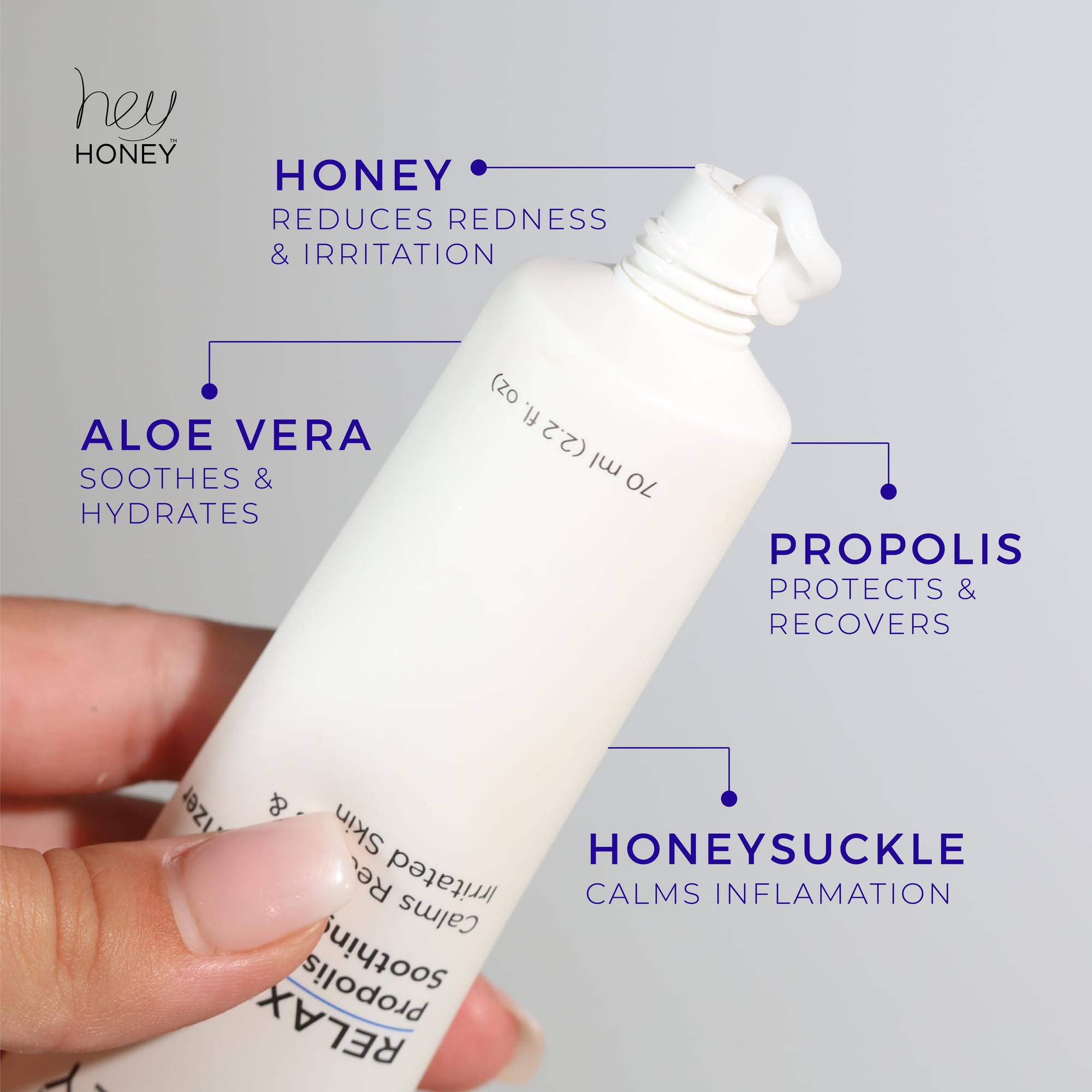 Hey Honey Relax aloe bottle image emphasizes calming botanicals for sensitive skin
