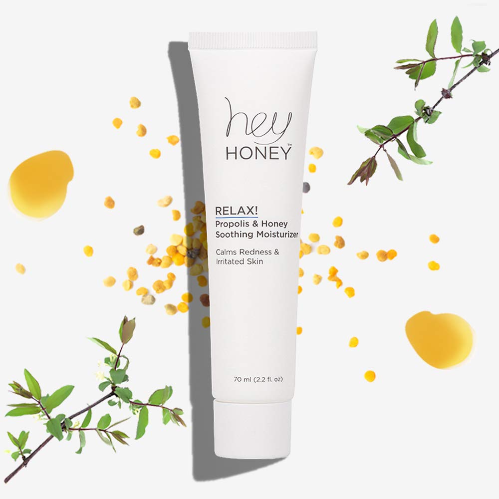 Hey Honey Relax before-after glow hinting at calmer skin texture and reduced redness