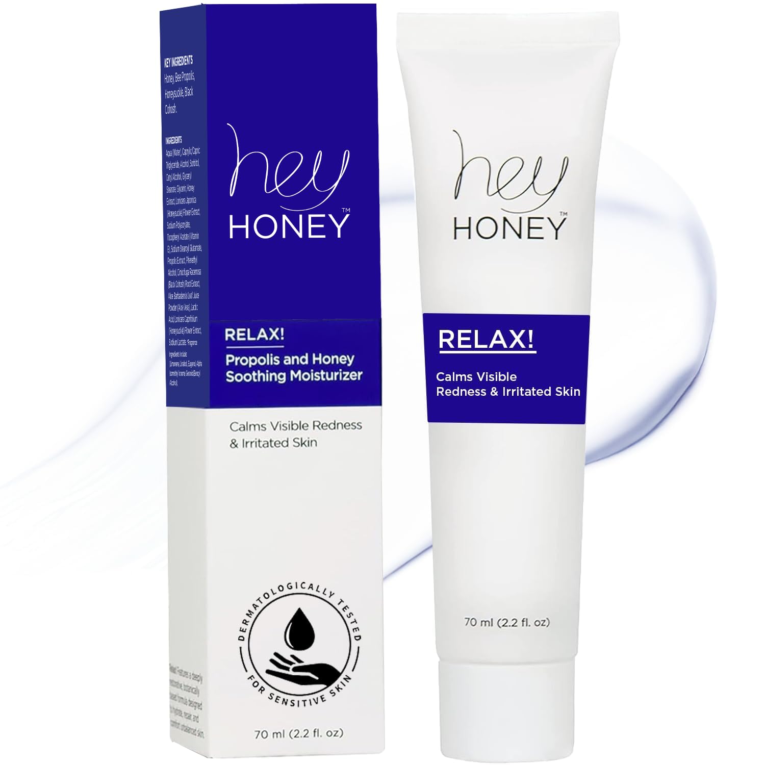 Hey Honey Relax bottle front showing soothing rosacea relief in lightweight moisturizer