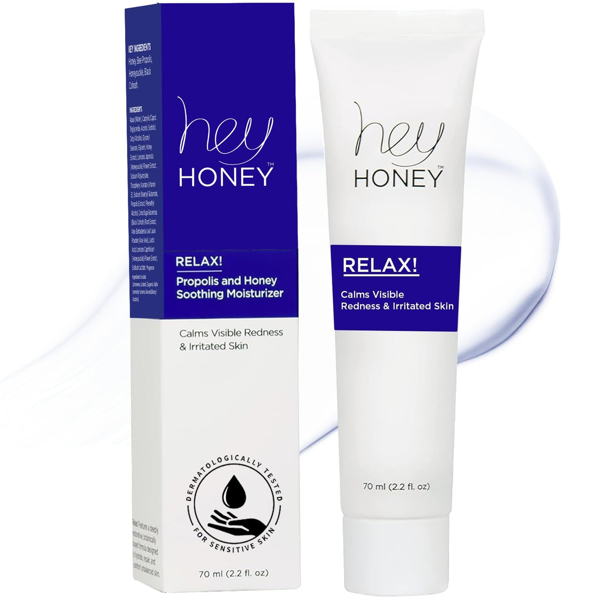 Hey Honey Relax bottle front showing soothing rosacea relief in lightweight moisturizer