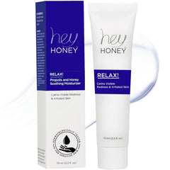 Hey Honey Relax bottle front showing soothing rosacea relief in lightweight moisturizer