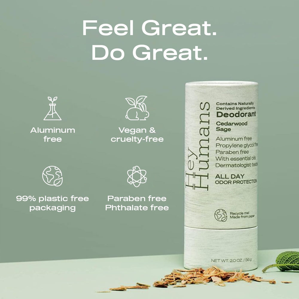 Hey Humans cedarwood sage deodorant bottle ready for daily use with all-day odor control