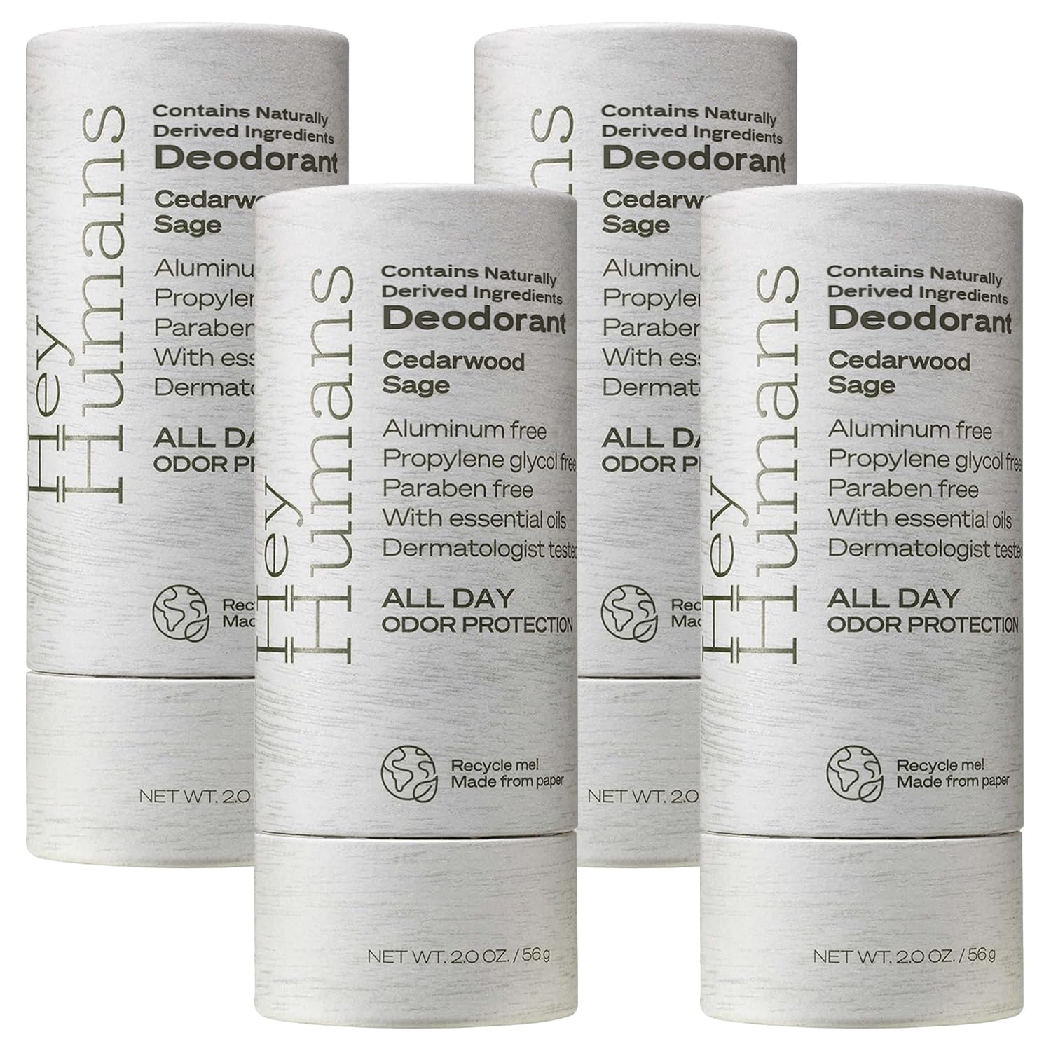 Hey Humans aluminum-free deodorant packaging on recyclable paper for eco-friendly use