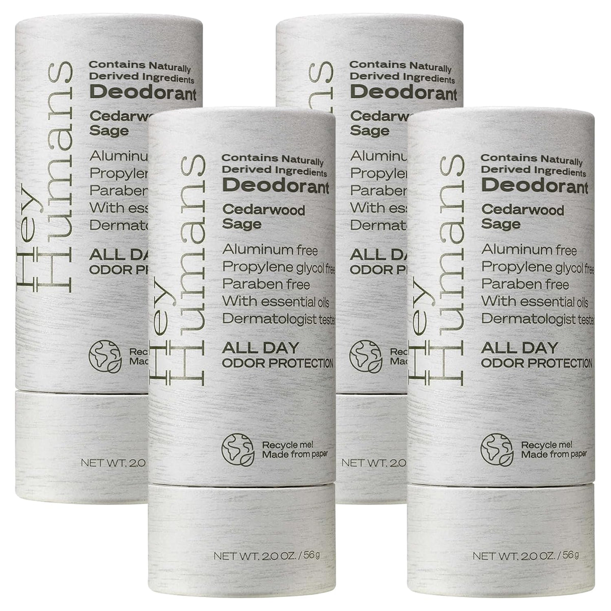 Hey Humans aluminum-free deodorant packaging on recyclable paper for eco-friendly use