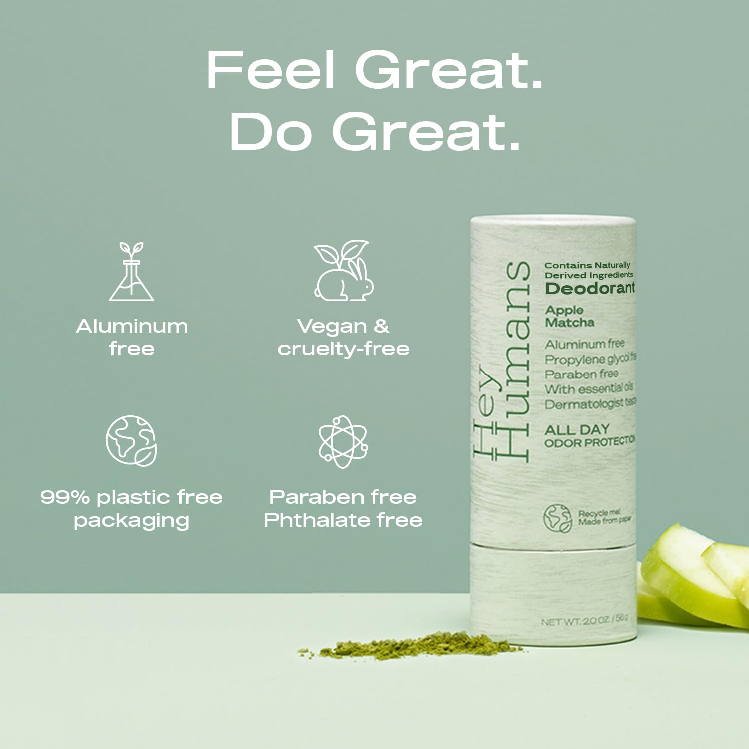 Hey Humans Apple Matcha deodorant application demonstrates easy swipe-on daily refreshment.
