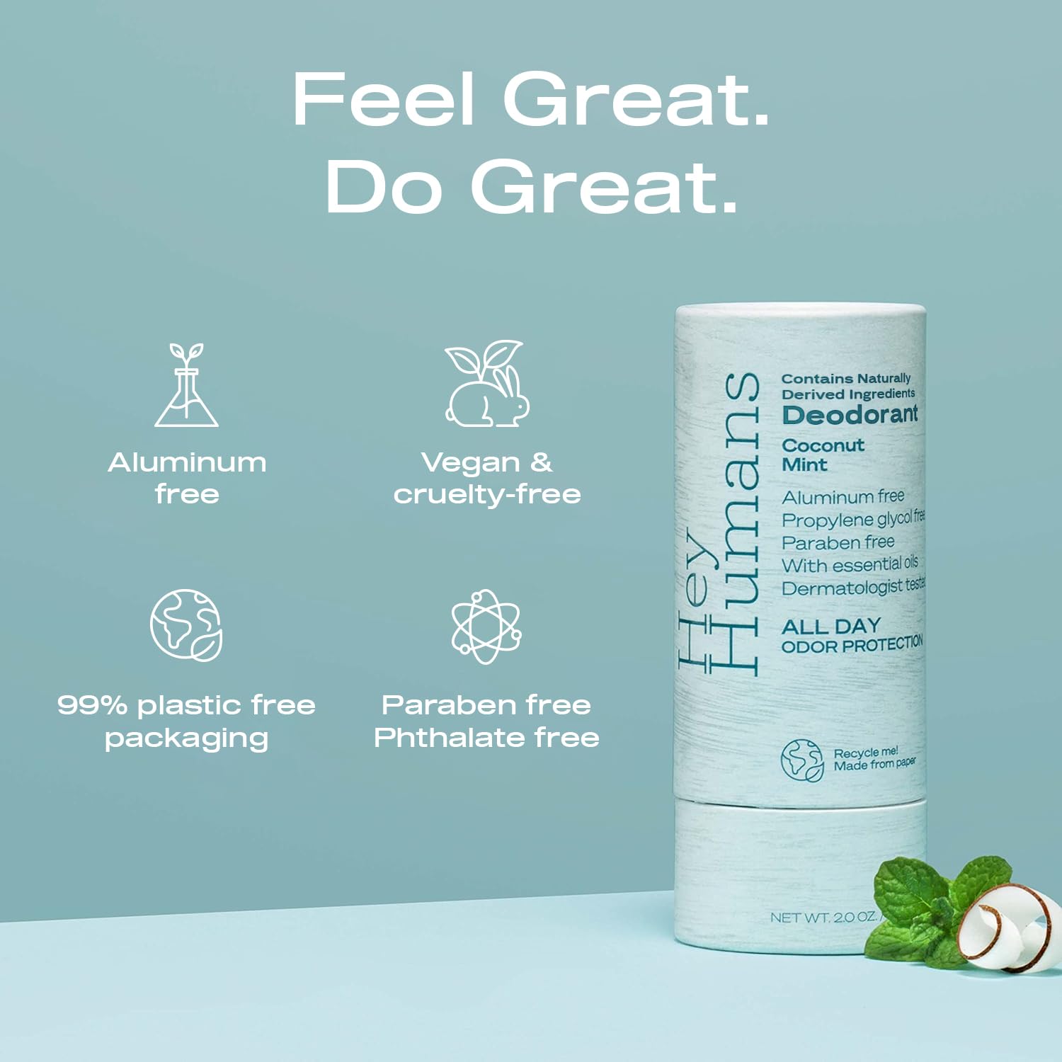 Hey Humans deodorant coconut mint bottle highlights aluminum-free formula for sensitive skin.