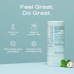 Hey Humans deodorant coconut mint bottle highlights aluminum-free formula for sensitive skin.
