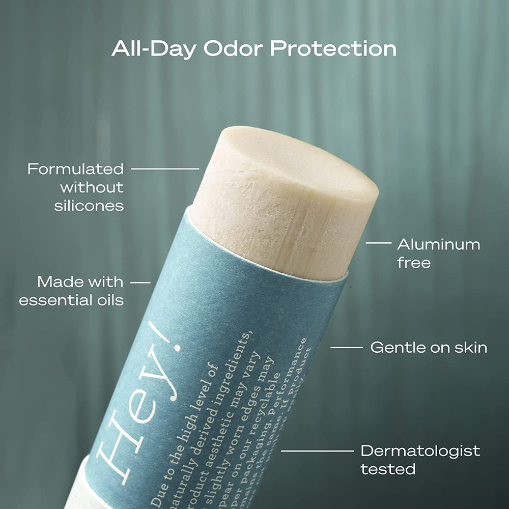 Hey Humans deodorant bottle highlights vitamin E and shea butter for skin comfort.