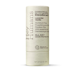 Hey Humans deodorant lavender vanilla bottle closeup shows aluminum-free protection for daily wear