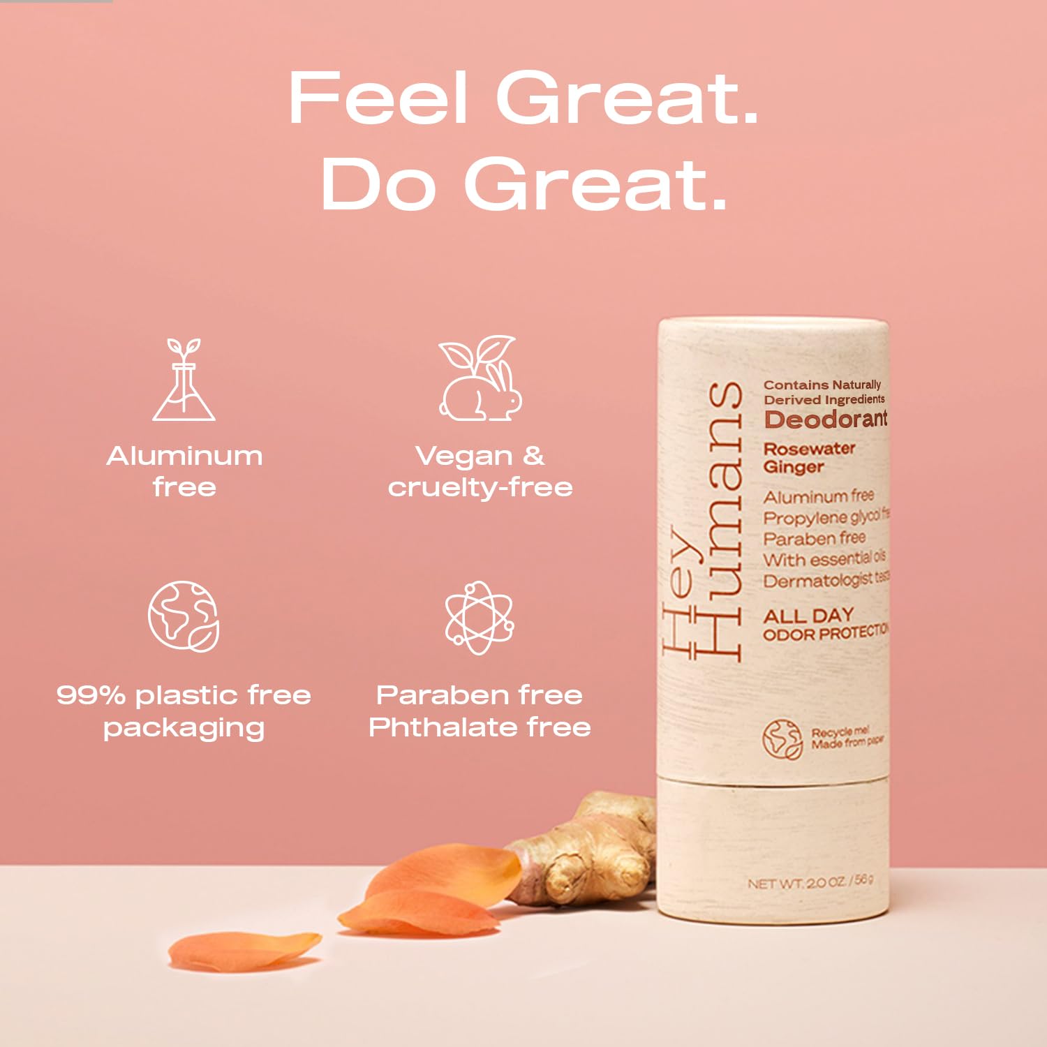 Hey Humans deodorant Rosewater Ginger ingredients highlighting coconut oil and arrowroot benefits