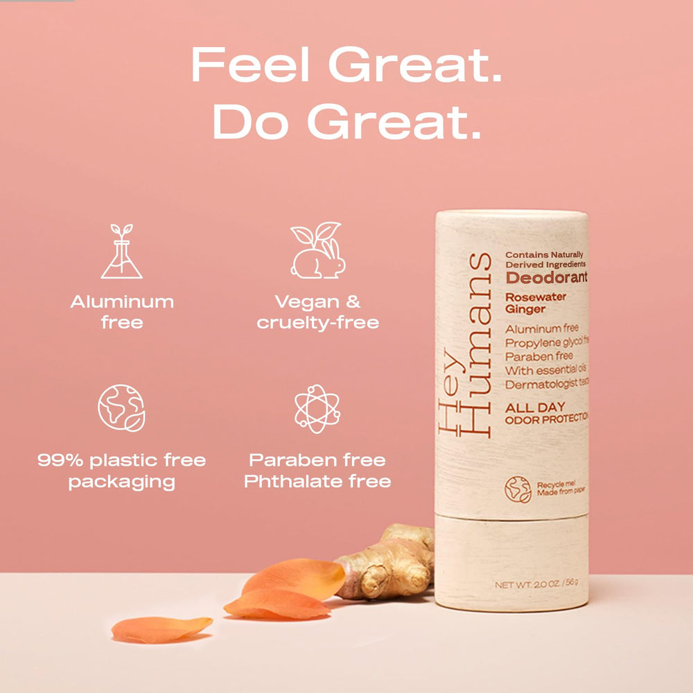 Hey Humans deodorant Rosewater Ginger ingredients highlighting coconut oil and arrowroot benefits