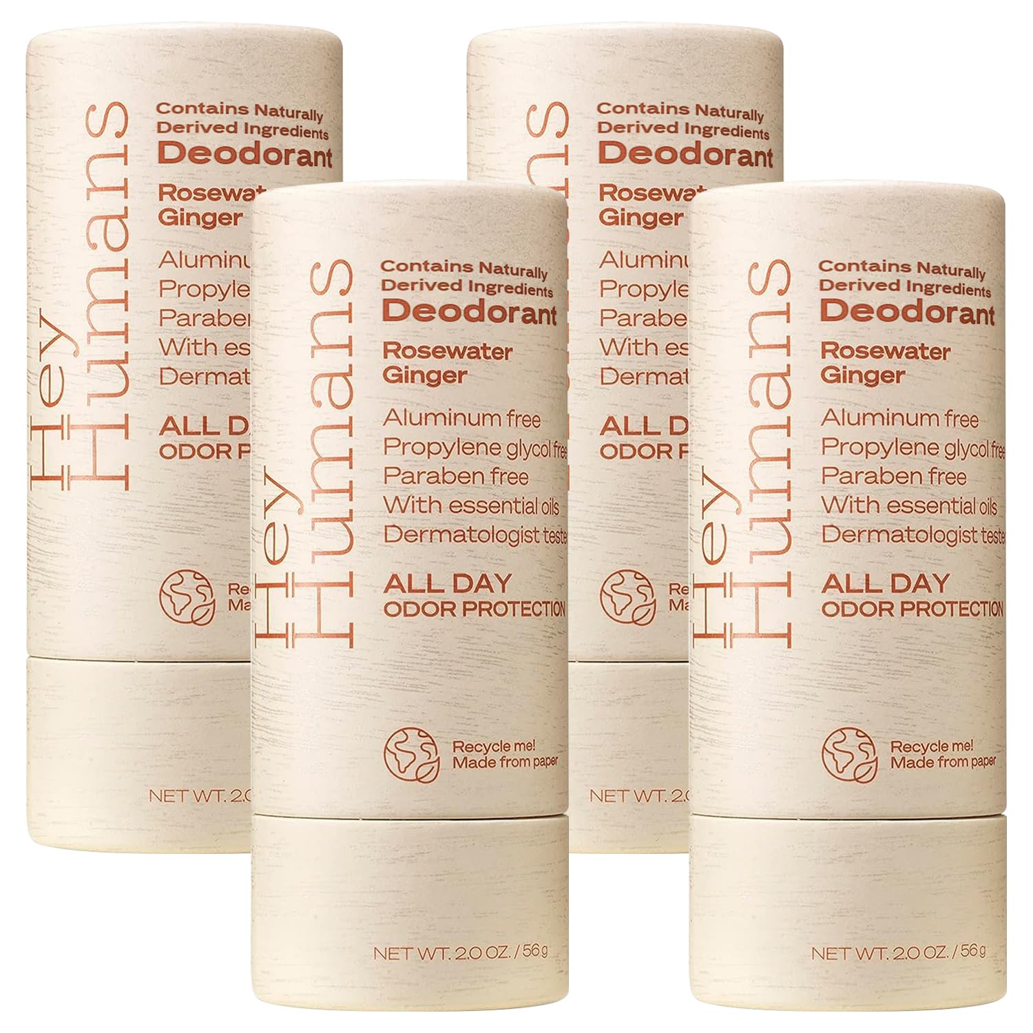 Hey Humans deodorant Rosewater Ginger stick showing aluminum-free formula for all-day freshness