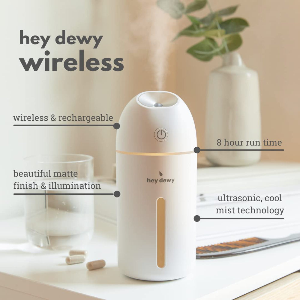 Hey Dewy portable cool mist humidifier ideal for travel and on-the-go use.