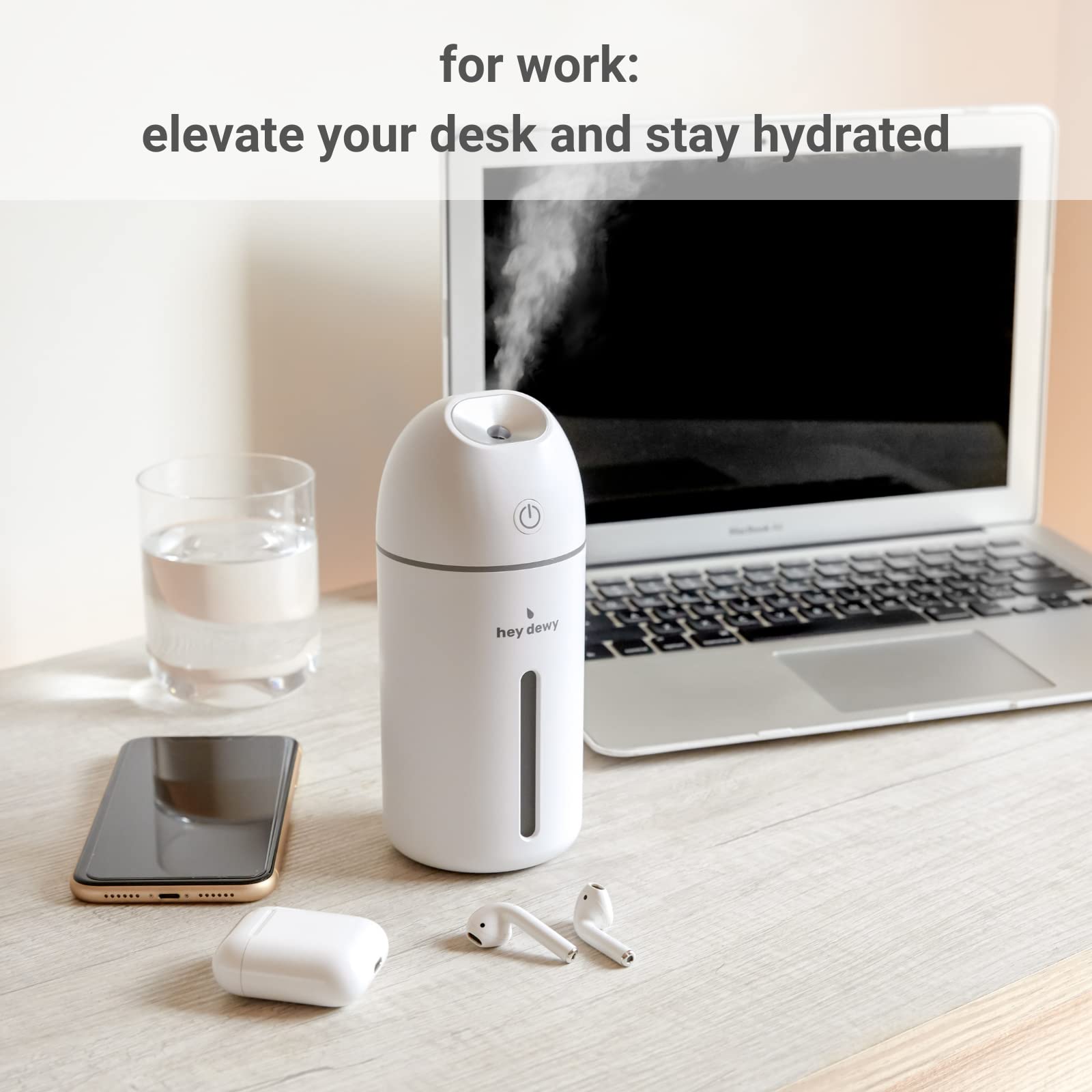 Hey Dewy ultrasonic mist technology delivers whisper-quiet operation for focused routines.