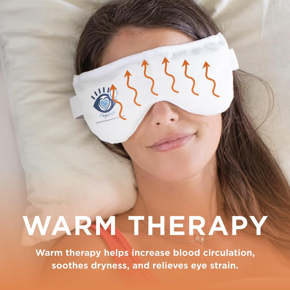 Heyedrate heated eye mask on eyes demonstrating comfort-fitting design for effective relaxation