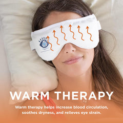 Heyedrate heated eye mask on eyes demonstrating comfort-fitting design for effective relaxation