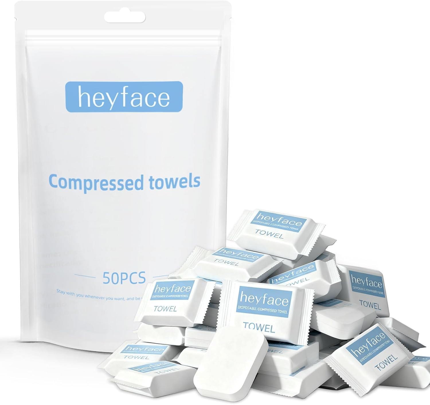 Heyface compressed towel tablet pack, compact travel essential for on-the-go cleaning.