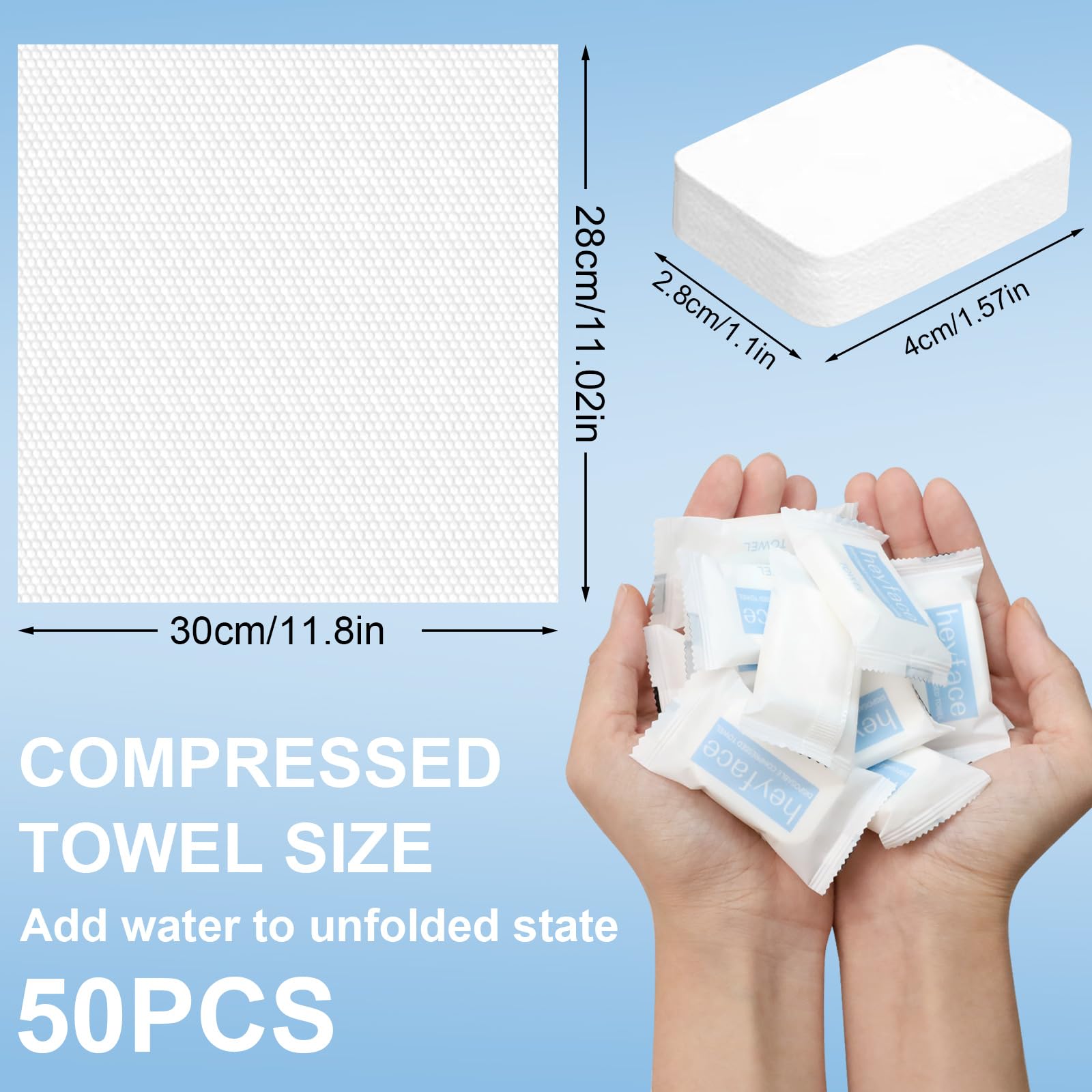 Heyface towel tablet expands in 3 seconds for quick facial cleansing.