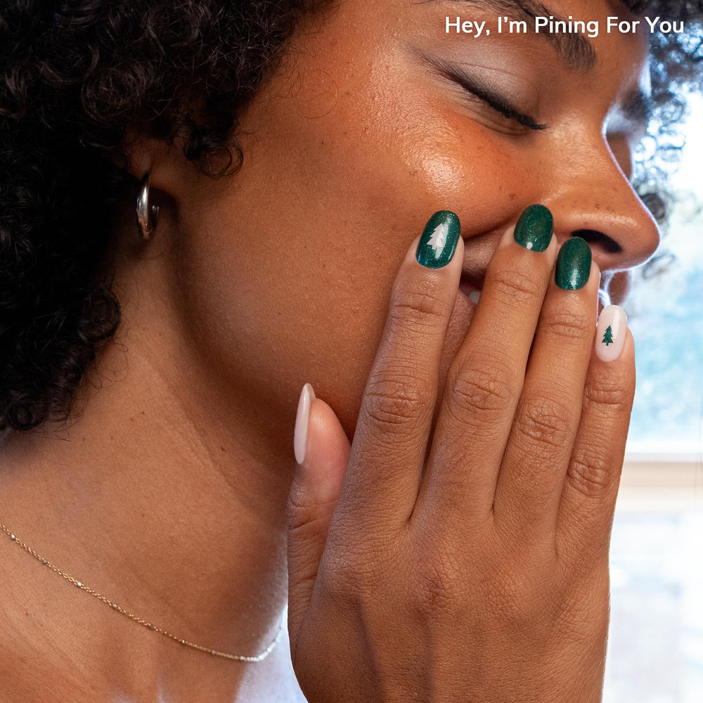 Heyhae semi-cured nail strips glitter green easy-fit design fitting diverse nail shapes.