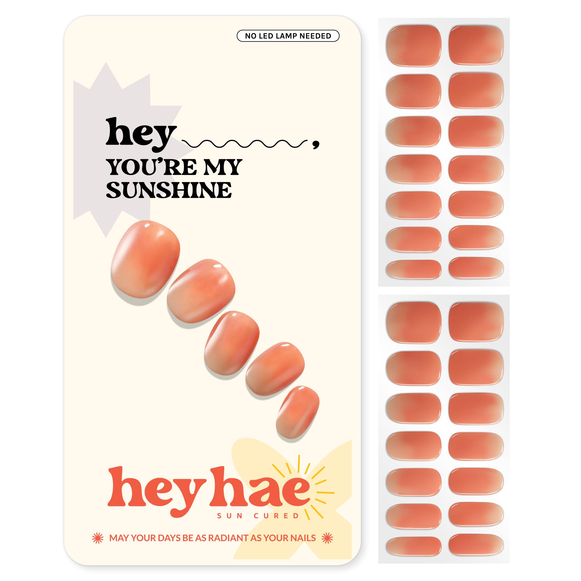 Heyhae semi-cured nail strips with ombre orange packaging for at-home manicure