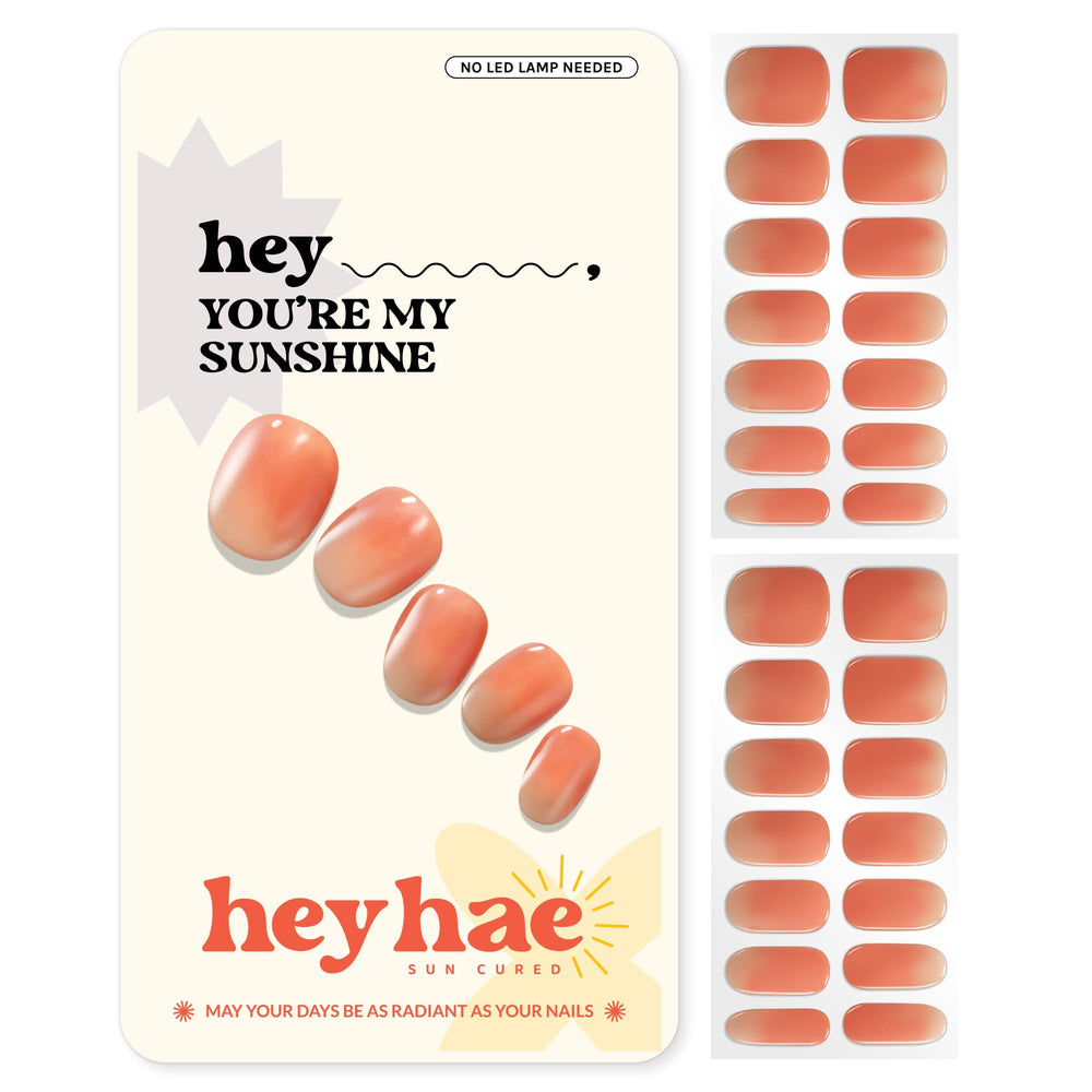 Heyhae semi-cured nail strips with ombre orange packaging for at-home manicure