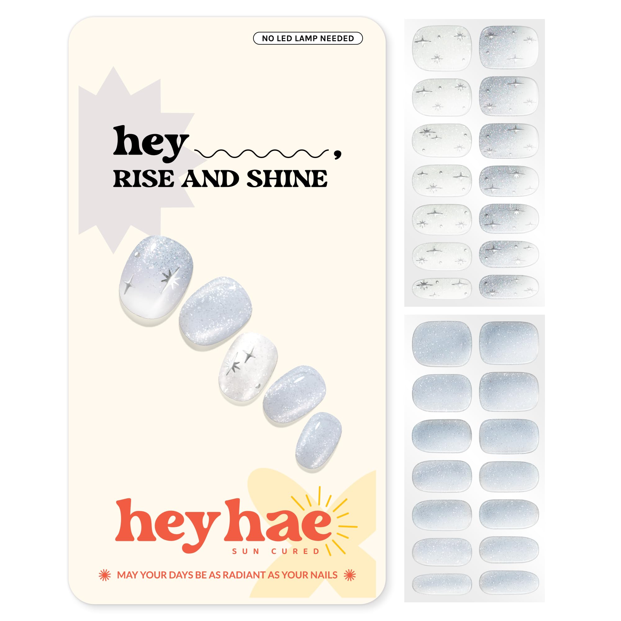 Heyhae semi-cured nail strips packaging shows 28-strip kit and tools for at-home DIY nails.