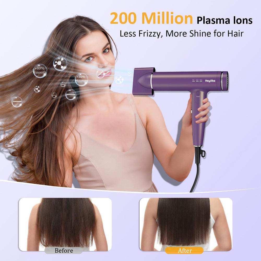 Heylike high-speed plasma ion hair dryer folded travel shows lightweight portability.