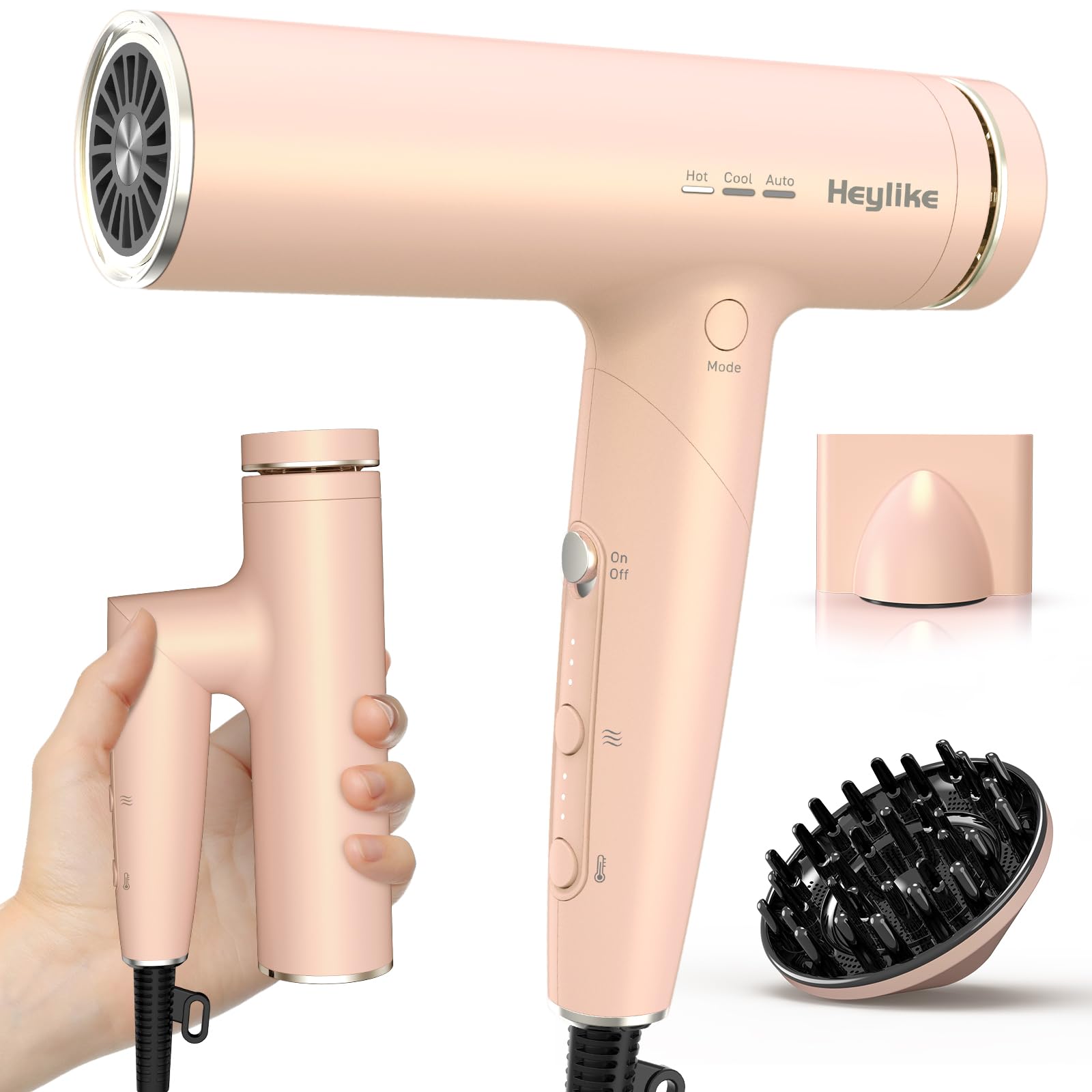 Heylike high-speed plasma ion hair dryer front view demonstrates rapid drying with strong airflow.