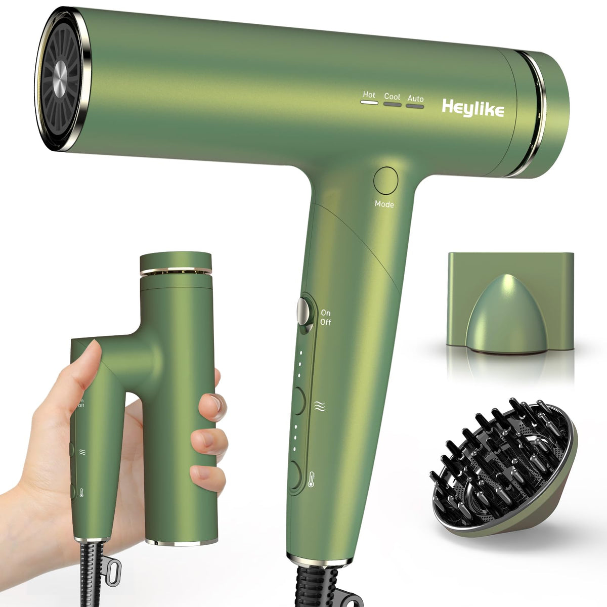 Heylike high-speed plasma ion hair dryer front view highlights fast drying capability.