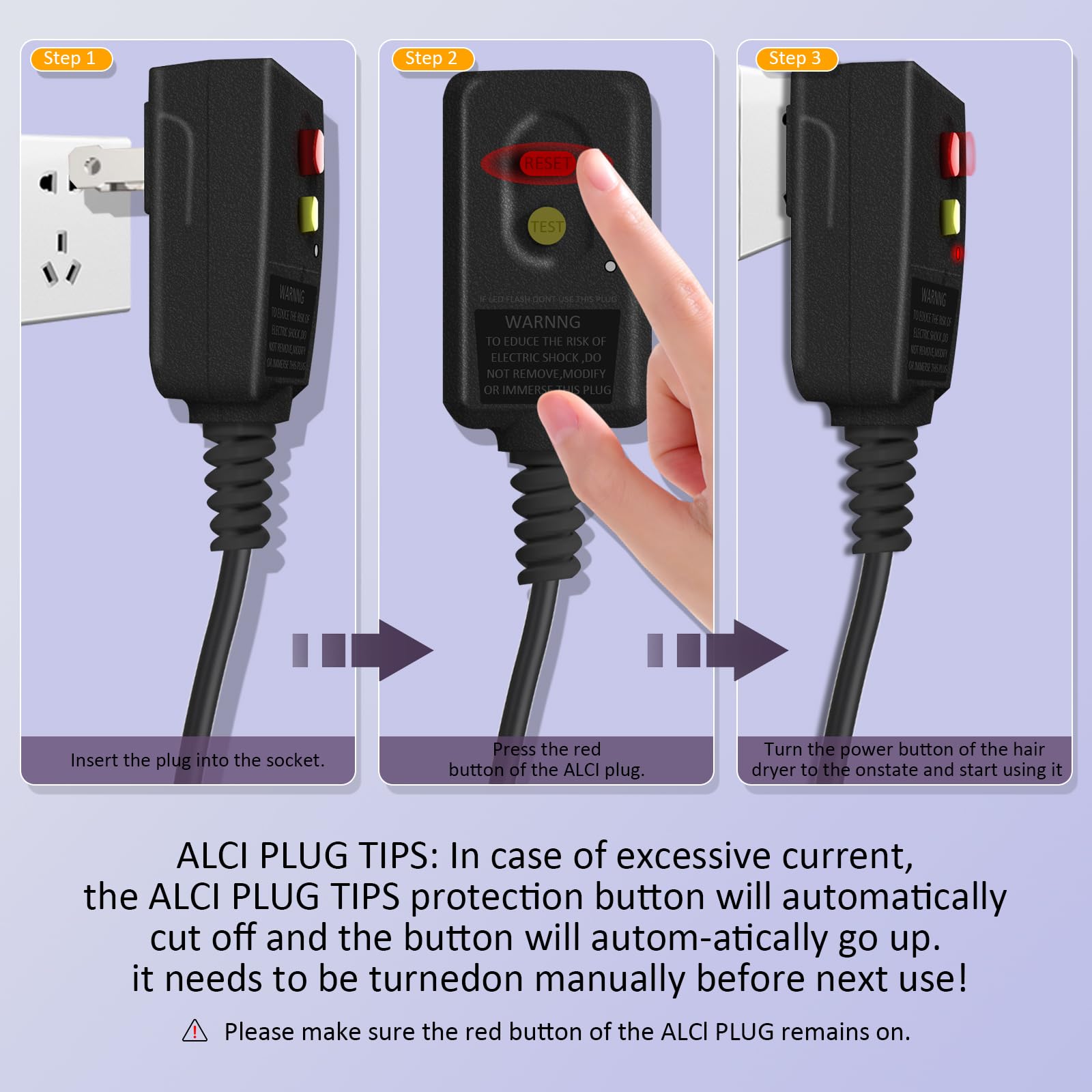 Heylike high-speed plasma ion hair dryer mode panel displays hot/cool/auto options.