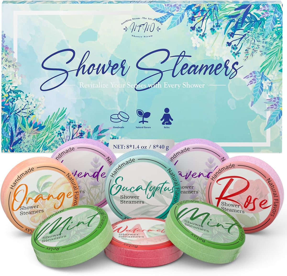 HFHO shower steamers 8-pack collection with varied scents for mood-refreshing showers
