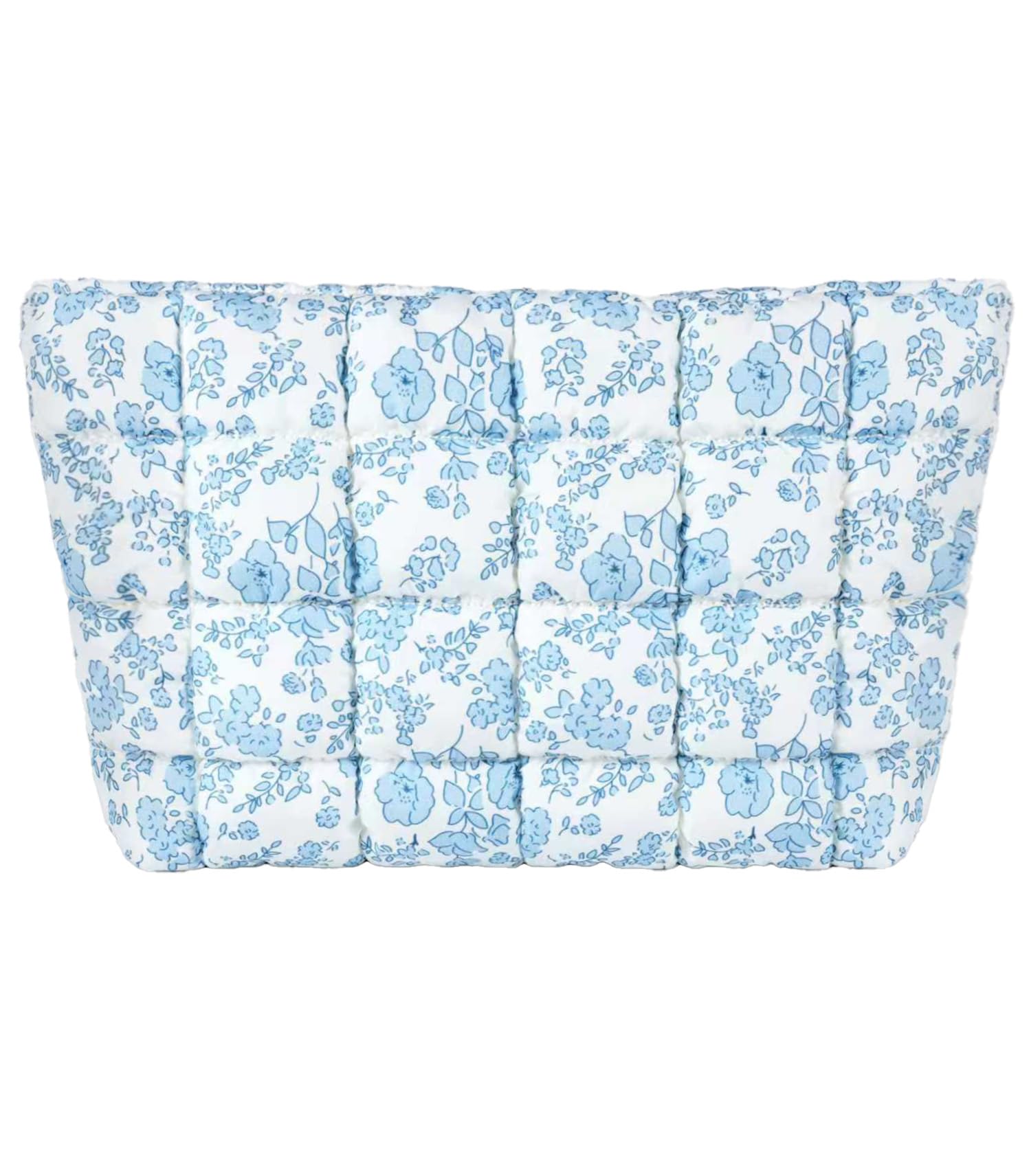 HFLZBRO Puffy makeup bag front view with blue floral quilting for stylish travel organization